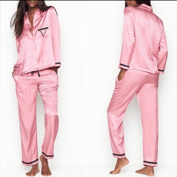 VS Satin Long Sleeve Button Up Pajama Set Black V Embroidery & Pink Pinstripe - Picture 2 of 10